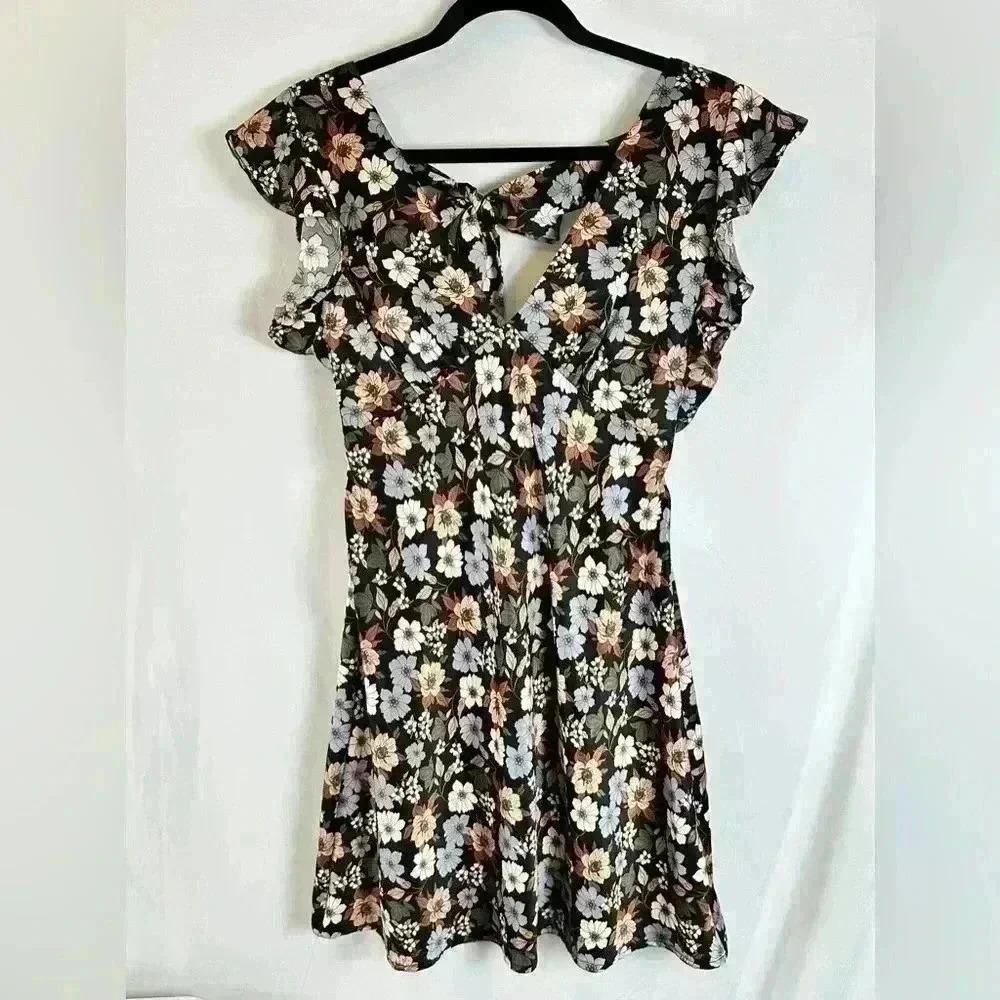 Altar'd State Alysiana Satin Floral Flutter Sleeve Dress open back tie bow